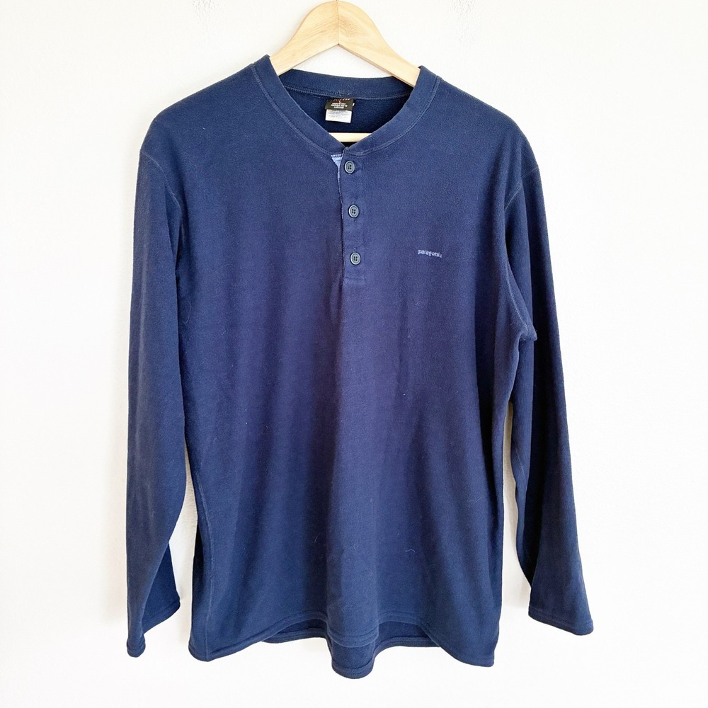 Vtg Patagonia Fleece Henley Shirt Mens L Blue Capilene Long Sleeve Baselayer USA